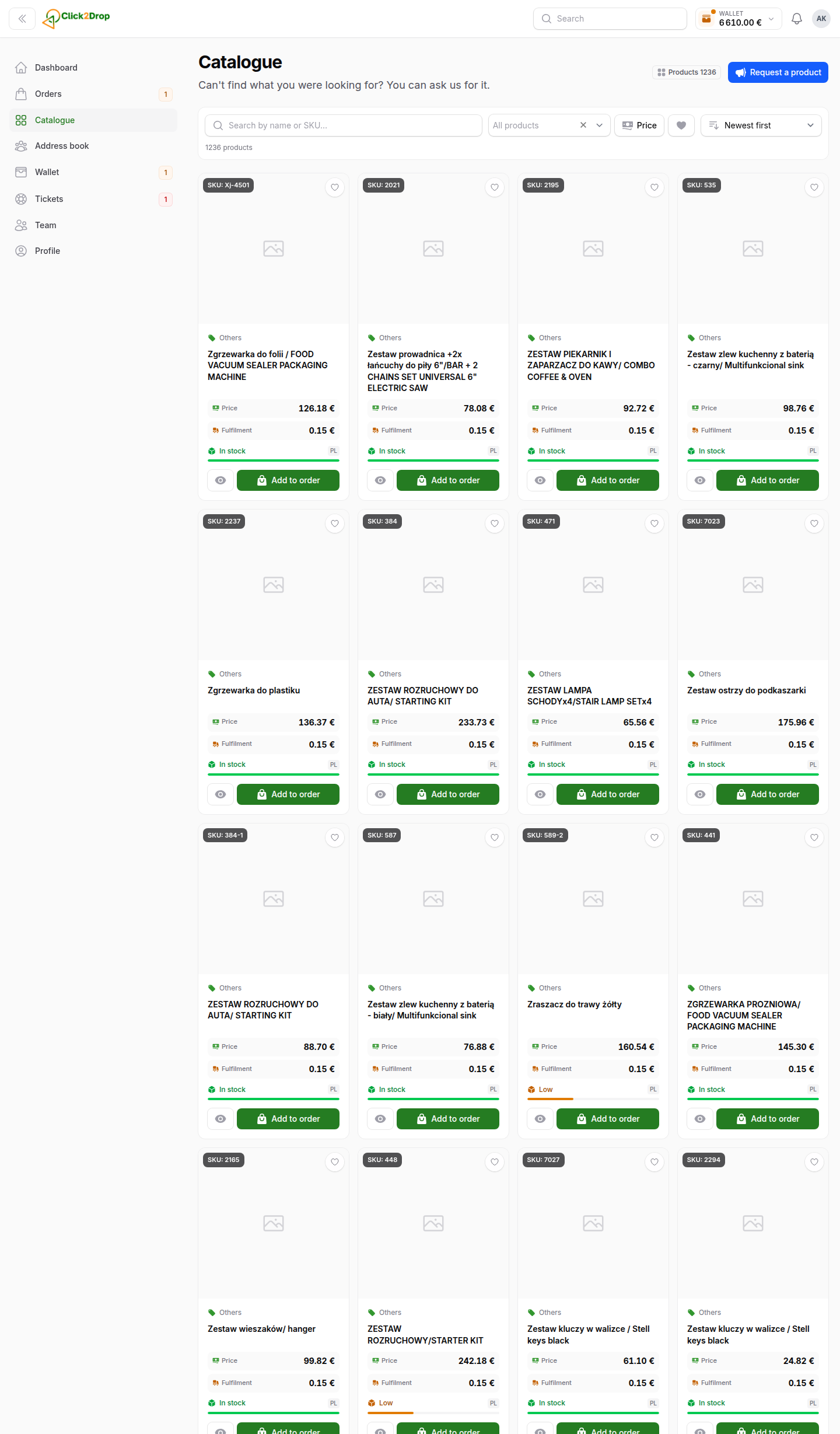 The catalogue: a grid of product cards, each with a photo, its code, your price and the fulfilment fee.