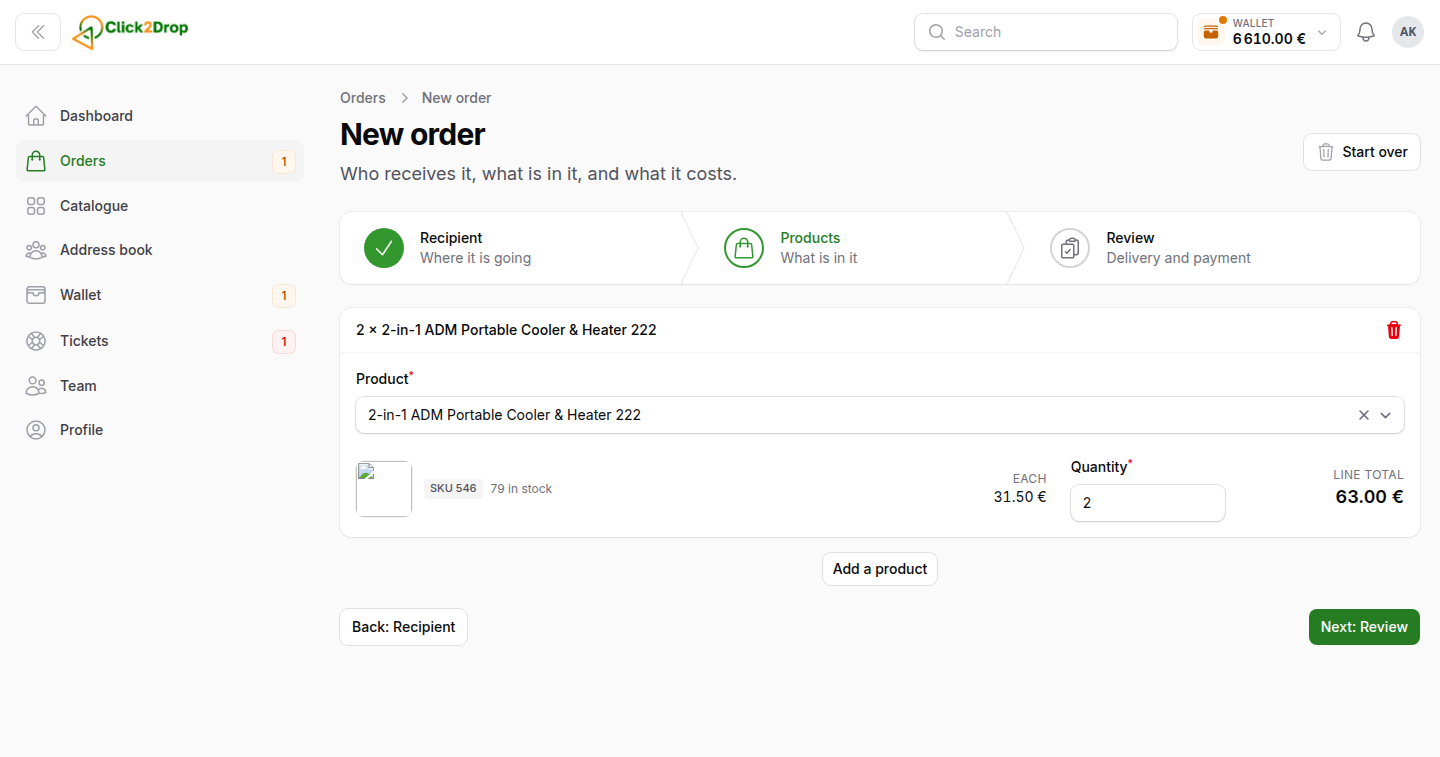Step two of placing an order: the products and quantities, split into parcels by warehouse, with a courier chosen for each parcel.