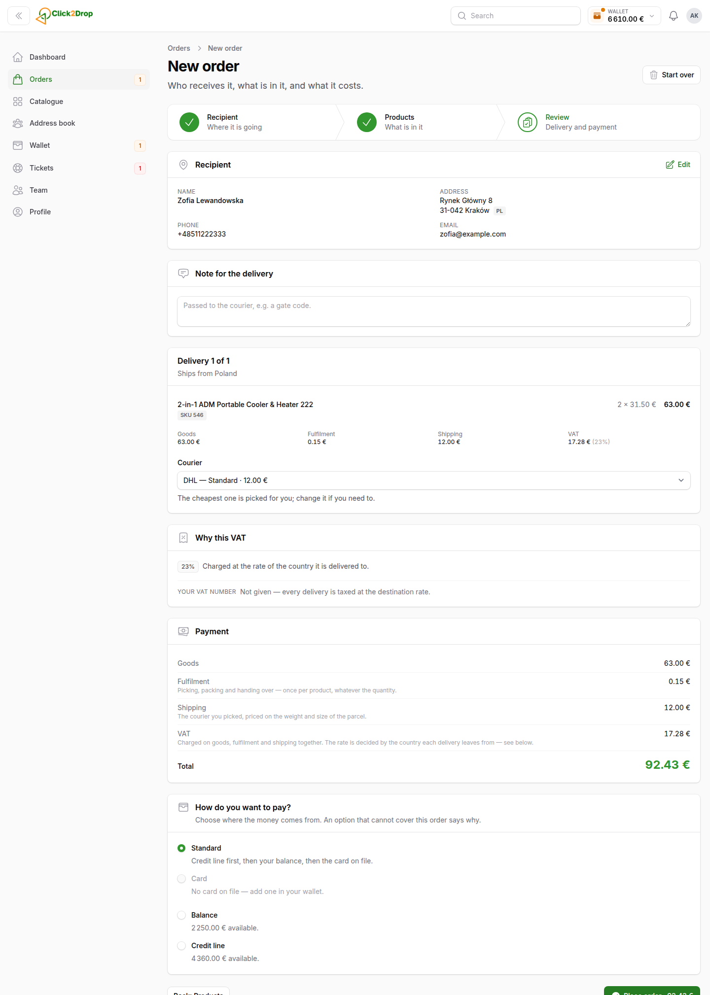 The last step of placing an order: the goods, the delivery, the fulfilment fee, the VAT and the total to pay.