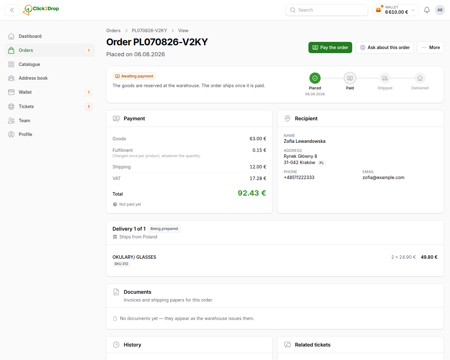 An order that is waiting to be paid, with a Pay button at the top of the page.