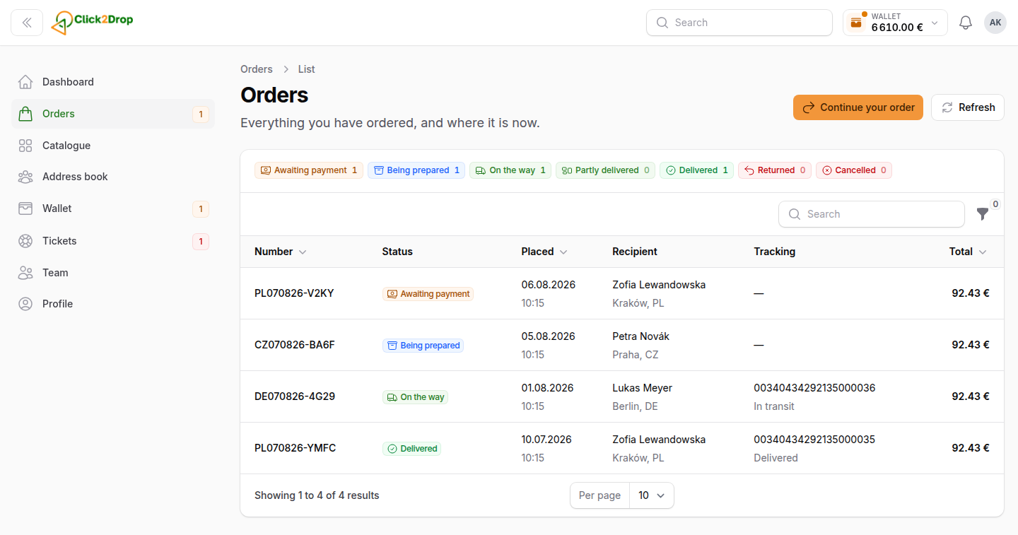 The list of orders with their number, state, date, recipient, tracking number and total.
