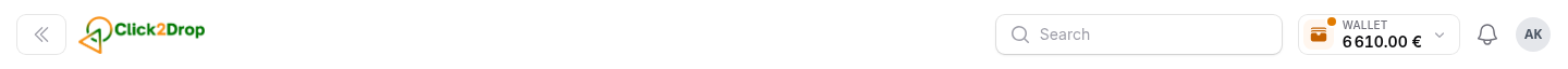 The top bar of the client panel with the wallet balance, the search box, the notification bell and the account menu.