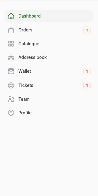 The menu on the left of the client panel, listing Dashboard, Orders, Catalogue, Address book, Wallet, Tickets, Team and Profile.