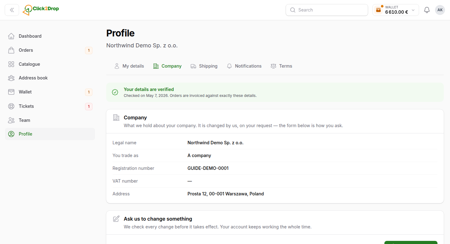 The company tab of the profile: the company details, shown read-only, with a button to request a change.