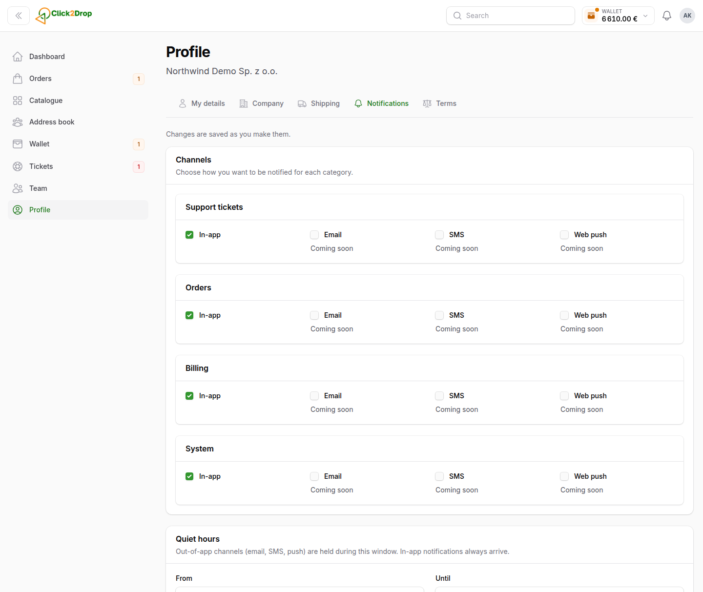 The notifications tab of the profile: a grid of switches for what you are told about and where.