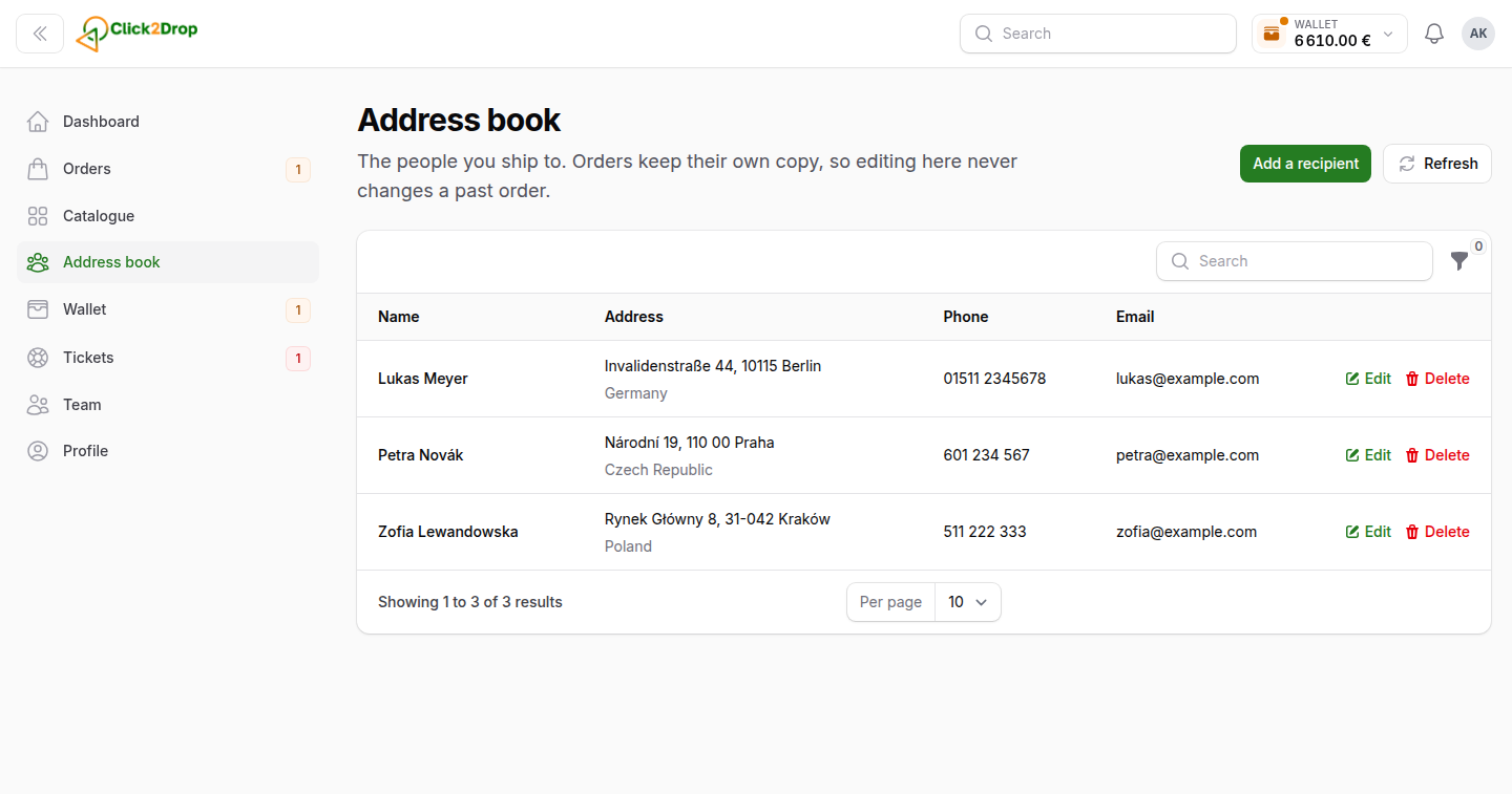 The address book: saved recipients with their address, phone number and country.