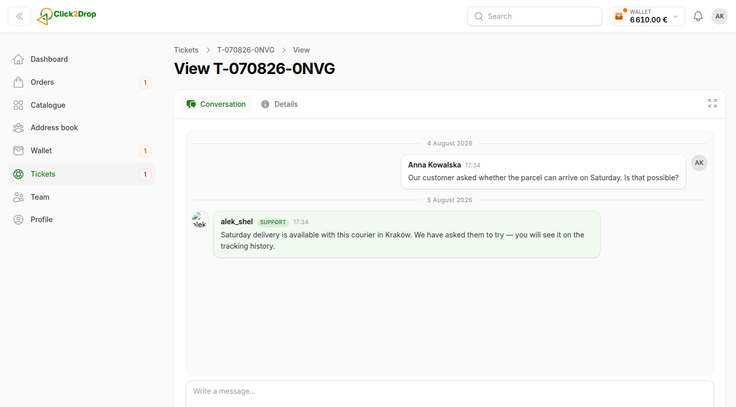 A support conversation: messages from the client and from our team, with a box to reply and attach files.