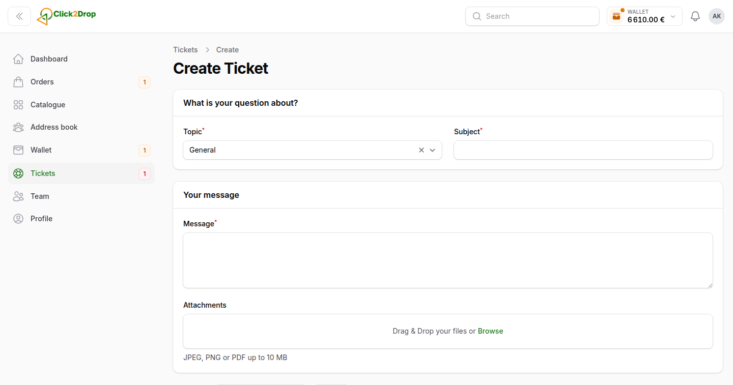 The form for a new question: a category, a subject, the message, files, and a box to link the order it is about.