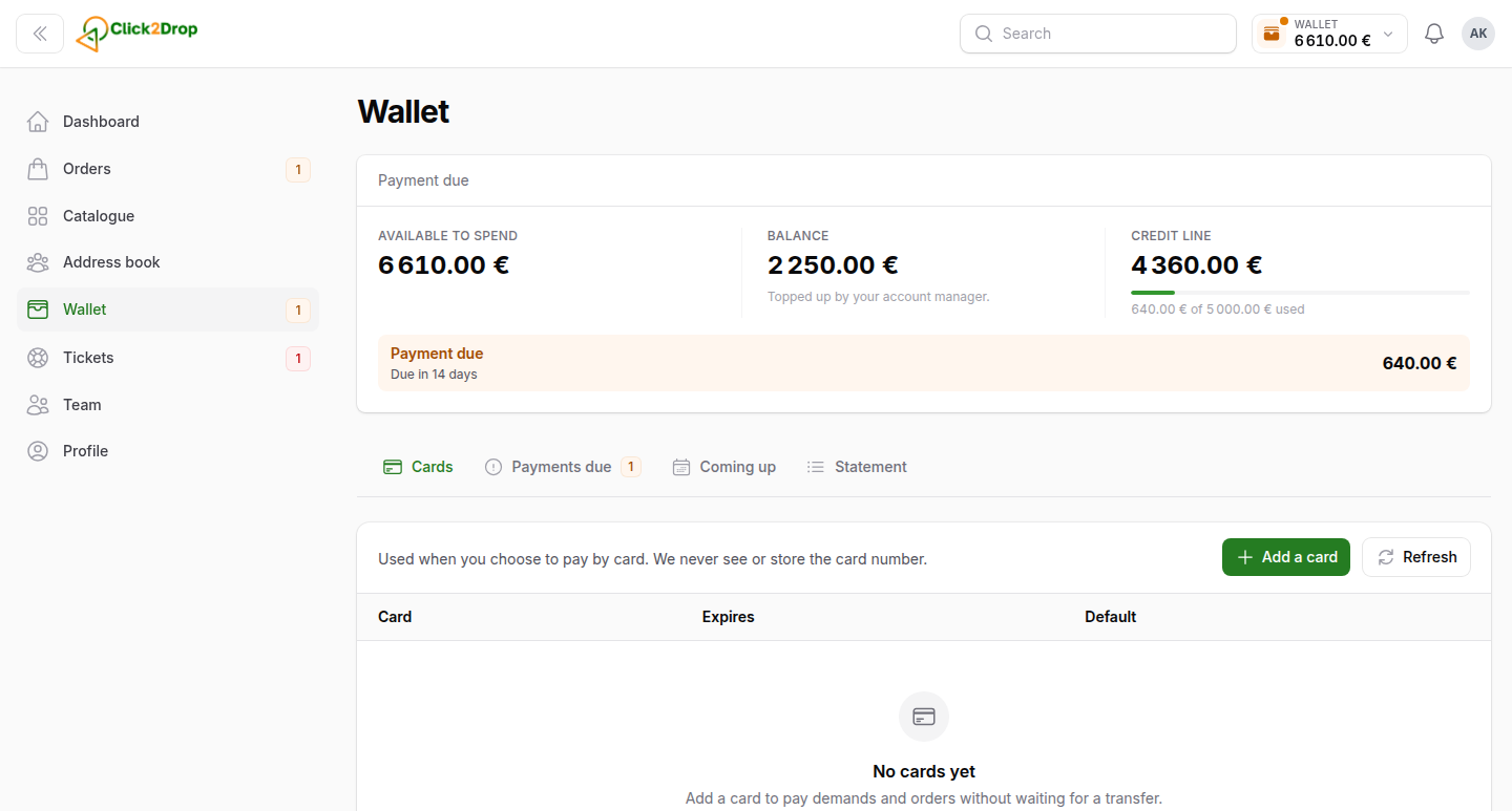 The cards tab of the Wallet page, where a bank card can be attached for paying invoices and orders.