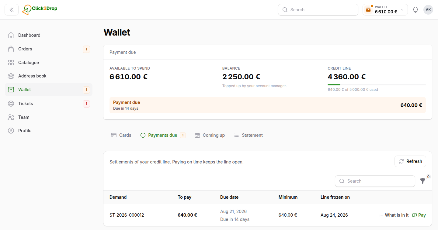 The payments due tab of the Wallet page, listing invoices with the amount, the date they must be paid by and a Pay button.