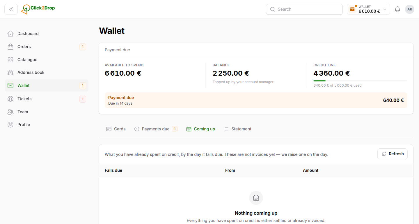 The coming up tab of the Wallet page, listing money that will be invoiced soon and when.